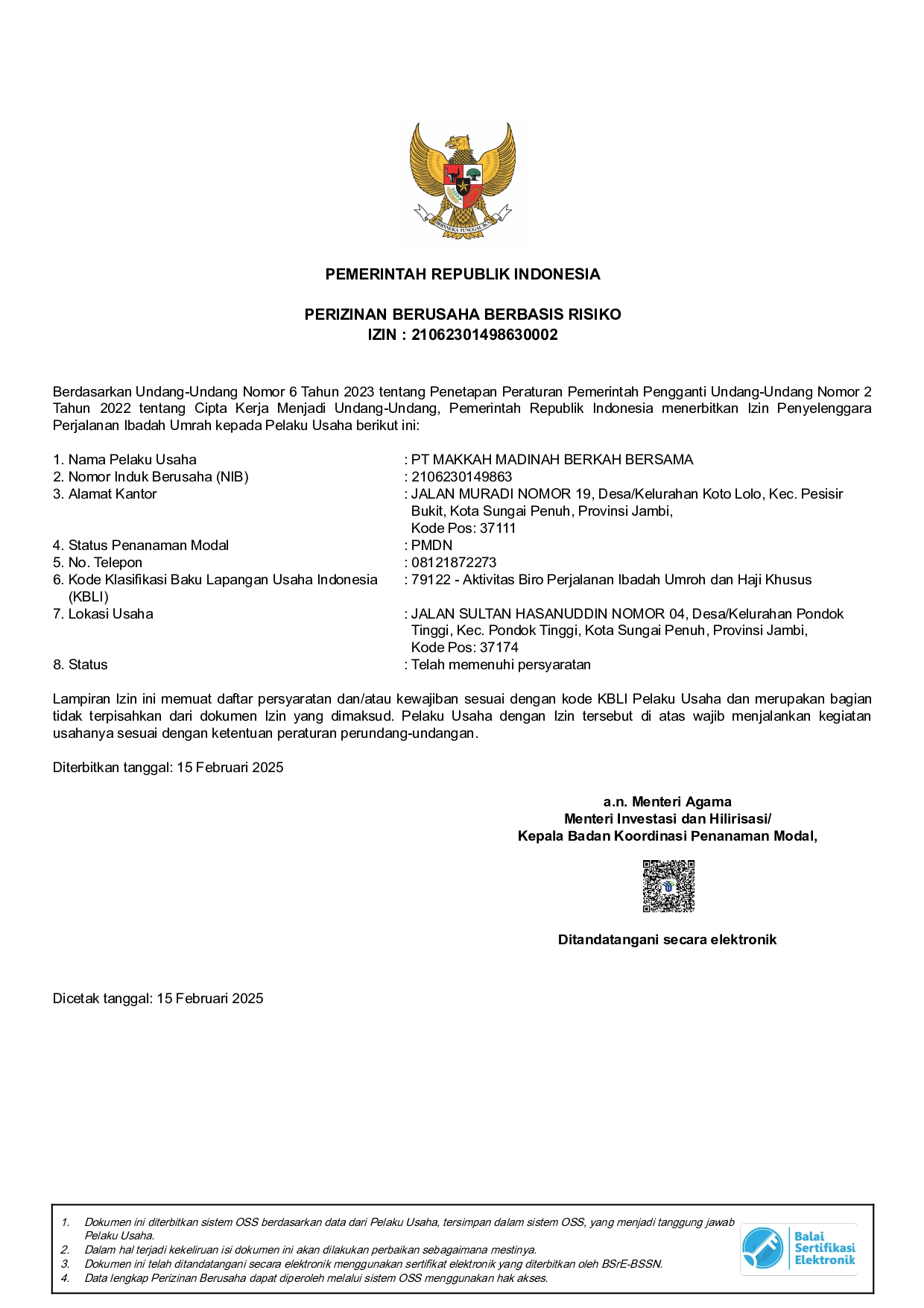 Surat Izin PPIU Mahira Tour